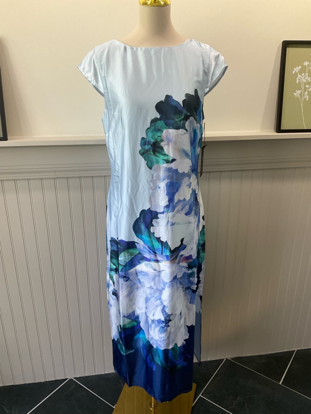 Rachel Zoe Satin Floral Midi Dress Blue Watercolor Cap Sleeve NWT Large - Picture 2 of 3